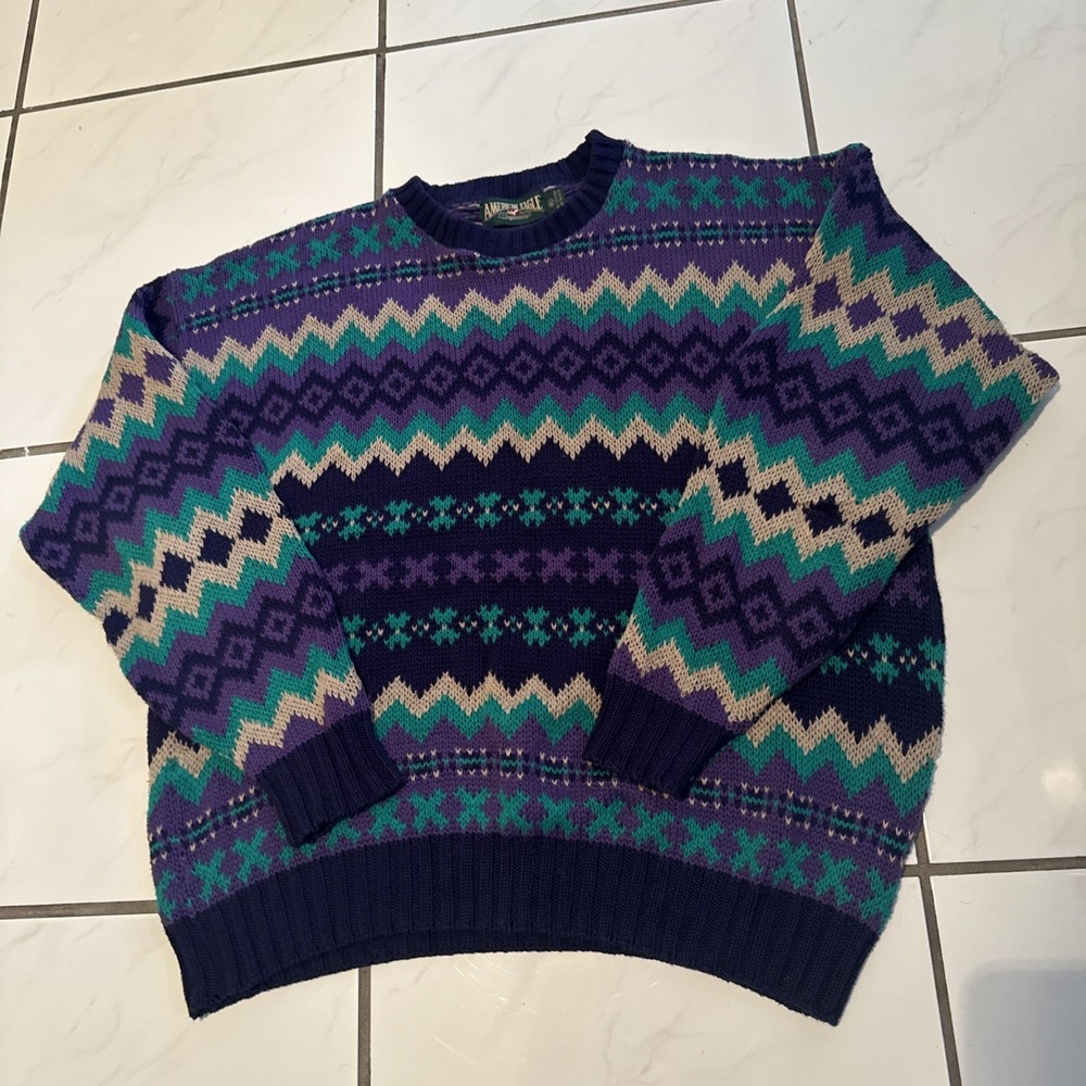 Vtg USA American Eagle Tribal Native Aztec Knit Adult XL Sweater Mens 26x27